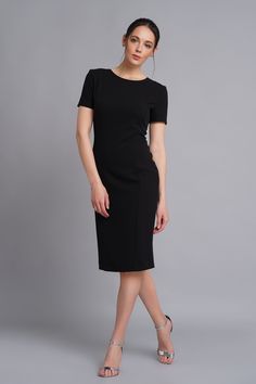 Fitted Pencil Skirt Bodycon Dress For Work, Bodycon Knee-length Midi Dress For Work, Knee-length Bodycon Midi Dress For Work, Fitted Sleek Sheath Midi Dress, Sleek Fitted Sheath Midi Dress, Sleek Fitted Sheath Dress, Fitted Bodycon Dress With Straight Neckline For Formal Occasions, Dressy Fitted Sheath Midi Dress, Fitted Bodycon Dress With Straight Neckline For Formal