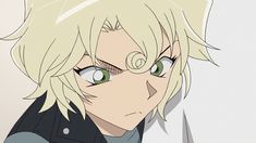 an anime character with blonde hair and green eyes holding a knife in front of his face