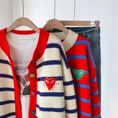 Commuting: Korean version Size: one size Color: red, off white Knitted Cardigan, Striped Sweater, Stripe Sweater, Outfit Sets, Men Sweater, Off White, Clothes For Women, Red, White