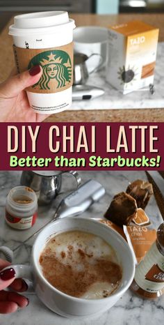 there is a cup of coffee with cinnamon in it and the words, diy cha latte better than starbucks's