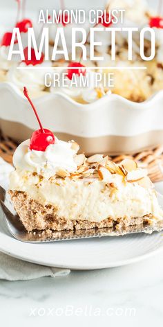 a slice of almond crust amarretto ice cream pie on a plate