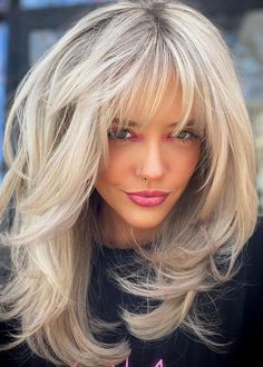 Emo Hair For Women, Below Shoulder Layered Haircut, Medium Length Angled Bob With Bangs, Beautiful 50 Year Old Woman, Women's Hair Cuts Medium, Long Blonde Bob With Bangs, Bangs With Glasses Oval Face