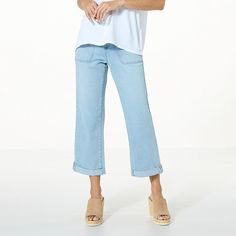 DG2 by Diane Gilman Virtual Stretch Denim Pull-On Utility Crop Jean   Go wide! Semi-fitted at the waist, hips and thighs before they flare out in a more relaxed bootcut shape, these cropped utility-style jeans make a slimming choice when you tuck in a bodysuit, tee or tank. Casual Medium Wash Cropped Flare Jeans, Casual Summer Denim Flare Jeans, Summer Casual Denim Flare Jeans, Casual Denim Blue Flare Jeans For Summer, Casual Summer Denim Blue Flare Jeans, Casual Light Wash Stretch Bottoms, Casual Medium Wash Pants With Frayed Hem, Casual Pants With Frayed Hem In Medium Wash, Casual Stretch Light Wash Bottoms