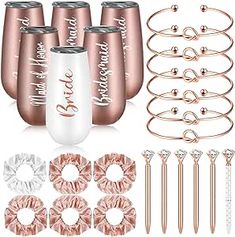 a set of wine glasses with rose gold rims and matching accessories for bridesmaids