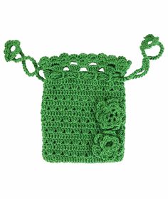 a green crocheted bag with flowers on it