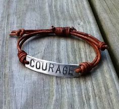 COURAGE Bracelet, silver, leather, Hand Stamped, Inspirational jewelry, bracelet with words, Adjustable Silver Leather Bracelet With Hand Stamped Details, Adjustable Silver Leather Bracelet Hand Stamped, Adjustable Stamped Meaningful Bracelet, Inspirational Adjustable Stamped Bracelets, Meaningful Adjustable Stamped Bracelets, Meaningful Adjustable Stamped Bracelet, Meaningful Stamped Adjustable Bracelet, Adjustable Stamped Leather Bracelet For Everyday, Everyday Adjustable Leather Bracelet Hand Stamped