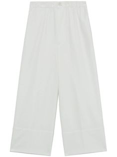 white cotton elasticated waistband wide leg front button and zip fastening Cotton Culottes With Elastic Waistband, Modern White Wide Leg Pants For Work, White Wide Leg Pants For Work, White Ankle-length Wide Leg Pants For Work, High-waisted Cotton Culottes With Elastic Waistband, Cotton Culottes For Workwear, White Cotton Wide Leg Culottes, White Relaxed Fit Wide Leg Pants For Work, Chic White Wide Leg Pants With Relaxed Fit