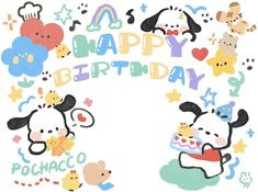 a happy birthday card with cartoon animals and balloons in the shape of hearts, flowers, and stars