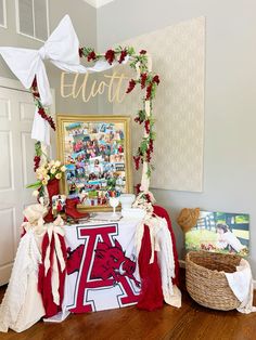 the table is decorated with red and white decorations