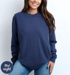 Blank Comfort Color Long Sleeve Shirt Long Sleeve Tee Wholesale Clothing Blank Shirt Long Sleeve Tshirt Women Long Sleeve Men Tee Long Shirt ✨ PRODUCT DESCRIPTION ✨ ∘ ∘ For an Oversized look, consider sizing up 1-2 above your normal size. ∘ ∘ UNISEX TSHIRT ∘ Relaxed fit ∘ Medium fabric ∘ 100% Preshrunk Cotton ∘ Garment-dyed fabric ∘ Double-needle topstitch seams for long-lasting ∘ ∘ Design colors may differ slightly from the final printed item due to the printing process and monitor calibration. ∘ ∘  📏 SIZE 📏 ∘ Adult Unisex sizing. We have a size chart on our listing photos ↑. ⏱️ SHIPPING & PRODUCTION TIME ⏱️ ∘ Please allow 1-5 business days for processing time. ∘ Shipping time is 3-5 business days. ✨ CARE INSTRUCTIONS ✨ ∘ Inside out, wash cold with a delicate cycle ∘ Hang Dry ∘ Do not u Basic Long Sleeve T-shirt For Loungewear, Oversized Soft-washed Long Sleeve Tops, Navy Relaxed Fit Long Sleeve T-shirt, Navy Long Sleeve Relaxed Fit T-shirt, Navy Cotton Top For Fall, Long Sleeve Soft-washed Cotton T-shirt, Basic Blue Long Sleeve T-shirt, Blue Soft-washed Long Sleeve T-shirt, Blue Long Sleeve Basic T-shirt