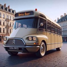 an old style bus is parked on the street