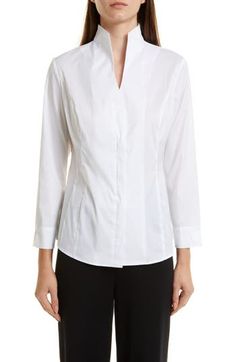 This picture-of-polish shirt is crafted from crisp poplin with a split neckline. Split neck Stand collar Long sleeves 71% cotton, 31% nylon, 4% spandex Hand wash, line dry Imported Poplin Blouse, Blouse Nordstrom, Nordstrom Store, Stand Collar, Split, Womens Shirts, Top Blouse, Hand Wash, Nordstrom