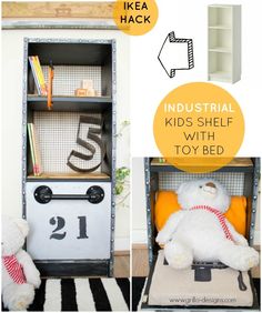 an industrial kids shelf with toy bed and teddy bear