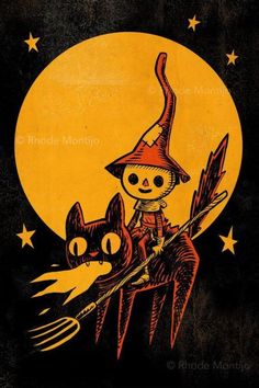 an image of a cat riding on the back of a witch