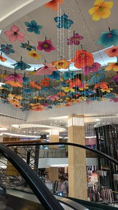 the ceiling is decorated with multicolored umbrellas