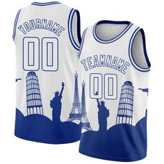 Represent your distinct look with this custom basketball jersey from our web. It boasts stitched tackle twill name & number and classic trims along with moisture-wicking technology for added comfort. Features: 1. Material: 100% Recycled Polyester 2. Stitched team or player name and numbers 3. Fit: Jerseys have an athletic cut. For a looser fit, we recommend ordering one size larger than you normally wear 4. Moisture-wicking fabric has spongy handle, good draping property and elasticity as well a Custom Basketball Jersey, Golf Hoodie, Blue Football, Custom Basketball, White City, Pinstripe Suit, Black Camo, White Jersey, Leather Sleeve