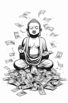 a buddha statue sitting on top of a pile of money with dollar bills flying around