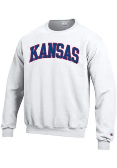 Champion Kansas Jayhawks Mens White Arch Long Sleeve Crew Sweatshirt - 14752091 Collegiate Team-colored Sweatshirt With Logo, Collegiate Sweatshirt With Team Logo Print, White Cotton Sweatshirt With Logo Lettering, Collegiate Sweatshirt With Team Logo, Collegiate Cotton Sweatshirt With University Logo, White Sporty Sweatshirt With Logo Lettering, Sporty White Sweatshirt With Logo Lettering, Sports University Logo Cotton Sweatshirt, University Logo Cotton Tops For Sports Season