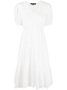 white V-neck short puff sleeves smocked waist knee-length tiered skirt straight hem Skirt Straight, Tier Skirt, Tiered Skirt, Tiered Dress, Dress White, Puff Sleeves, Day Dresses, Smocking, Puff Sleeve