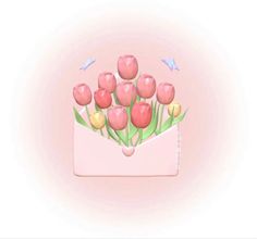 a bunch of pink tulips in an envelope with a blue bird flying by