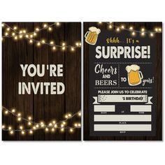 two beer themed birthday party cards with string lights on the sides and a wooden background