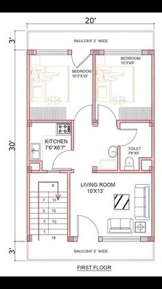 the floor plan for a two bedroom house with stairs and living room in the middle