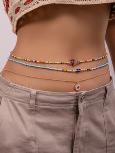 Beaded Contrast Color Multi-Colored Triple Layered Waist Chain Accessories MULTICOLOR-One_size Diy Body Chain, Beaded Waist Chain, Body Jewelry Diy, Techno Outfit, Beads Waist, Diy Beaded Rings, Waist Jewelry, Crystal Bead Jewelry, Chain Accessories