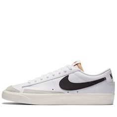 Low-cut, padded collar Vulcanized construction Rubber sole with herringbone pattern Color: White/Sail/Black Style: DA6364-101 Vintage Shoes Sneakers, Nike Blazer Low 77, Nike Blazer Low, Blazer Low, Nike Brand, Black 13, Retro Shoes, Latest Sneakers, Newest Jordans