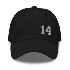 "Combining classic style and love of sport, our personalized Jersey Number Hat is the perfect accessory for the Sports Mom on the go! Rock your favorite athlete's jersey number on our sports mom hat to the game, during your workout, or with your favorite outfit. Available in Black, Dark Gray, and Navy with Grey embroidered jersey number. Number is positioned on the left panel. Single-digit Jersey Numbers are added without the number \"0\" unless requested. *Please note actual embroidery thread/product colors may vary from the images shown, as computer monitors display colors differently* * 100% chino cotton twill * Unstructured, 6-panel, low-profile * 3 ⅛\" crown * Adjustable strap with antique buckle * Head circumference: 20 ½\" - 21 ⅝\"" Sports Dad Hat With Embroidered Logo And Curved Brim, Baseball Season Dad Hat With Curved Visor, Curved Visor Dad Hat For Baseball Season, Baseball Season Dad Hat For Sports Events, Sports Event Dad Hat With Embroidered Logo, Dad Hat For Baseball Season Sports Events, Sports Dad Hat, One Size Fits Most, Embroidered Logo Dad Hat For Sports Events, Curved Bill Dad Hat For Baseball Season