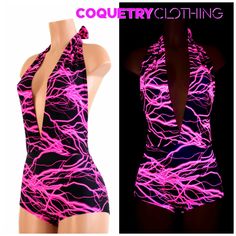 "This item is made to order, please read all the way through the listing before purchasing! This bodysuit is made of UV Glow Pink Lightning, an electric spandex that will be sure to zap energy and life into your soul. This fabric is beautifully soft, breathable, very durable, and crazy four-way stretch. Deep V neckline and tie back halter top. Four way stretch for a figure forming fit. This bodysuit is unlined. Glows super bright in blacklight~! Womens Sizing (See below for instructions on where Fitted T-back Party Leotard, Stretch T-back Leotard For Party, Pink Bodysuit For Festivals, Pink Fitted Bodysuit For Festivals, Fitted Pink Bodysuit For Festivals, Pink Halter Neck Bodysuit For Party, Pink Halter Neck Party Bodysuit, Pink Lightning, Goddess Outfit