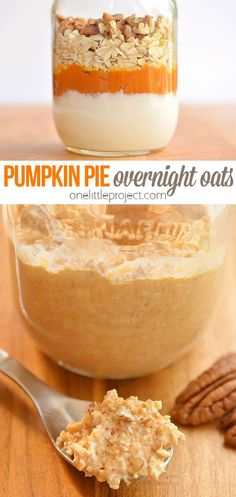 pumpkin pie overnight oatmeal in a glass jar with spoon and pecans