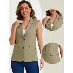 This sleeveless blazer is made of solid color and features a button-up design, flap pockets, and a notch lapel collar. Suitable for spring/fall and many occasions, such as interviewing, working, career, office, formal, business, church, and daily wear. Pair this casual blazer with skinny jeans, skirts, leggings, pants, sandals, heels, boots, and a necklace for a chic and decent look. Lapel Collar Vest For Office In Fall, Fall Lapel Collar Vest For Workwear, Lapel Collar Vest For Spring, Sleeveless Solid Outerwear For Work, Business Casual Fall Vest With Lapel Collar, Fall Blazer With Vest For Workwear, Fall Workwear Blazer With Vest, Office Vest With Pockets For Fall, Casual Fall Blazer With Vest