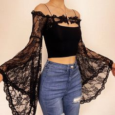 Cool Outfits With Jeans, Gothic Horror Fashion, Vintage Whimsigoth Fashion, Stretch Bell Sleeve Tops For Party, Goth Asthetics Outfit, Elegant Stretch Bell Sleeve Tops, Fitted Bell Sleeve Blouse, Fall Bell Sleeve Tops For Night Out, Chic Fitted Bell Sleeve Tops