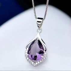 Elegant Pear Cut Simulated Amethyst Set In Silver Plated Pendant With Sparkling Zircons. Pendant Size: 1” X 0.5” Necklace Length: 18” Plus 2” Lady Necklace, Amethyst Pendant Necklace, Amethyst Crystal Necklace, Amethyst Necklace Pendant, Gift Girlfriend, Jewellery Uk, Girl Jewelry, Silver Plated Necklace, Shiny Things