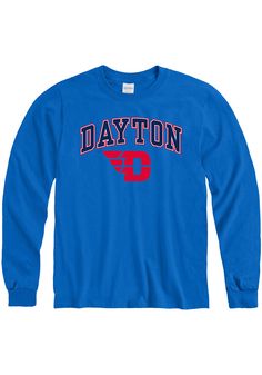 Show off your team pride in this Dayton Flyers Blue Arch Logo Long Sleeve T Shirt! This Dayton Long Sleeve Tee features a screen print of "Dayton" with Flyers logo across chest. Make sure everyone knows you root for the Flyers with this Blue Dayton T Shirt. Go Flyers!! Classic fit, Seamless double needle 7/8" collar, Taped neck & shoulders, Ribbed cuffs, Unisex, Fit: True to Size, 100% Cotton Long Sleeve Cotton T-shirt With University Logo, University Logo Long Sleeve Cotton T-shirt, Blue Long Sleeve T-shirt For School Spirit, Blue Long Sleeve T-shirt For College, Blue Long Sleeve Fan Merchandise T-shirt, Long Sleeve Cotton T-shirt For Sports Events, Blue Long Sleeve T-shirt With Team Spirit, Blue Long Sleeve T-shirt For Sports Events, Dayton Flyers