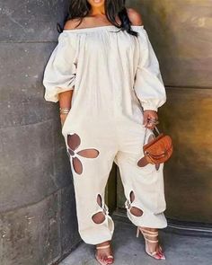 Lasaky - Lantern Sleeve Off The Shoulder Cutout Jumpsuit Off The Shoulder Plus Size, Jumpsuit Fitted, White Fashion Casual, Off Shoulder Romper, Solid Color Jumpsuits, Plus Size Jumpsuit, White Jumpsuit, Long Puff Sleeves, Sleeved Romper