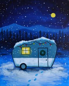 an acrylic painting of a trailer in the snow with christmas lights on it