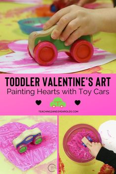 toddler valentine's art painting hearts with toy cars for kids to play with