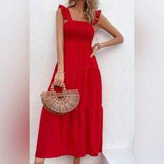 Gorgeous Summer Dress In Pretty Red Color. See Attached Pictures For Details. Holiday Ruffle Midi Dress, Holiday Ruffled Midi-length Dress, Red Tiered Midi Dress For Summer, Red Fitted Sundress With Ruffles, Red Ruffled Dress For Day Out, Red Ruffle Hem Maxi Dress For Vacation, Red Tiered Ruffle Maxi Dress, Red Tiered Maxi Dress For Vacation, Chic Red Tiered Dress