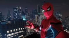 spider - man standing on top of a building at night with city lights in the background