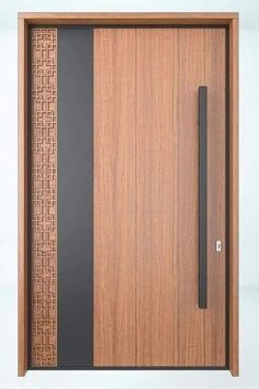 a modern wooden door with an intricate design on the front and side panel, which is made from wood