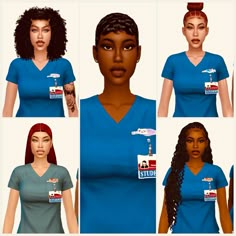 six different images of the same woman in blue scrubs and t - shirts with stickers on them