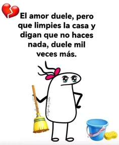 a cartoon character holding a broom and bucket with the words i love you in spanish