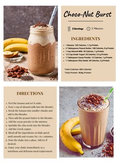 a recipe for chocolate nut butter smoothie with bananas and powdered sugar on the side