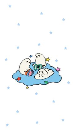 three ghost on a cloud with stars in the background