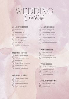 the wedding checklist is shown on a pink watercolor background