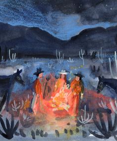 a painting of people sitting around a campfire with mountains in the background at night