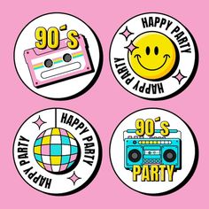 four stickers with the words 90's, happy birthday and 80's party