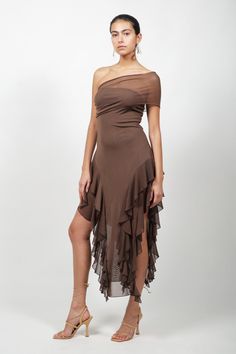 Brown Ruffle Mesh Dress – Kim Shui Studio Kim Shui, Dress 16, Daily Dress, Crop Top Blouse, Boho Maxi Dress, Cutout Dress, Dress Suits, Cami Dress, Asymmetrical Dress