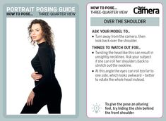 a brochure with an image of a woman in black clothing and text describing how to pose for the camera